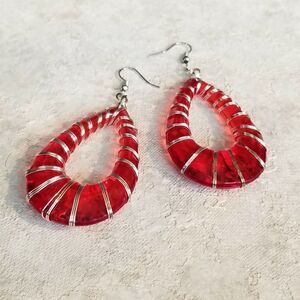 Hand Crafted Retro 80s Statement Red Lucite Open Teardrop Wire Wrapped Earrings